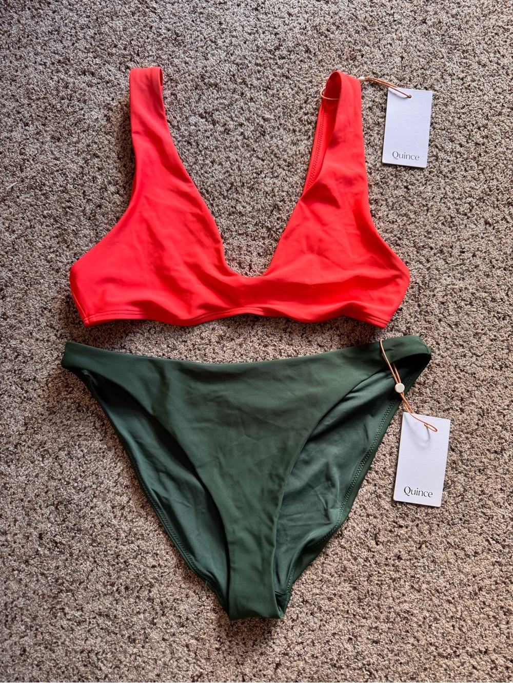 Quince Colorblock Scoop Bikini in Coral and Palm Green